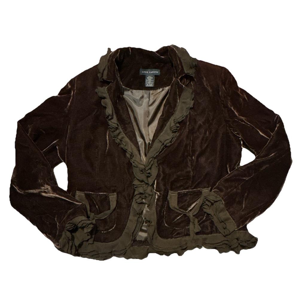 Anne Carson Women Jacket Dark Brown Size L Ruffles Lined Boho